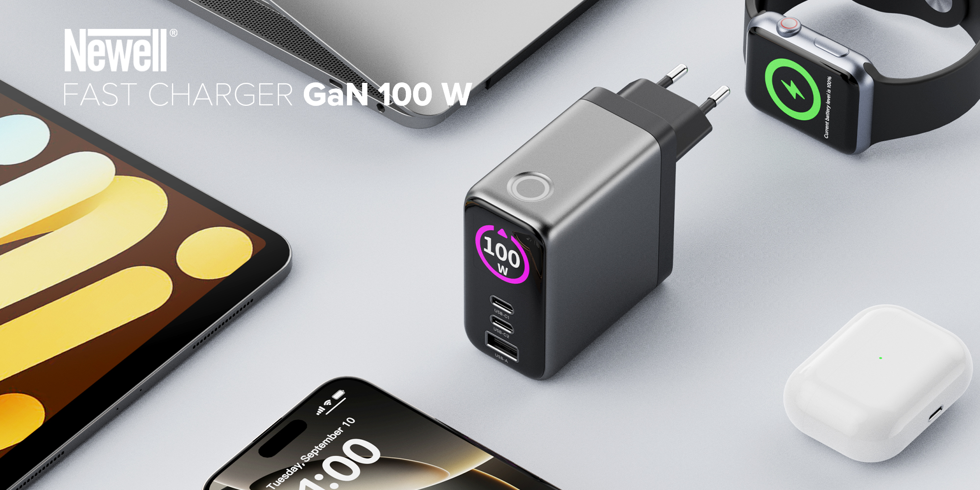 Ładowarka sieciowa Newell GaN 100 W TFT - EU